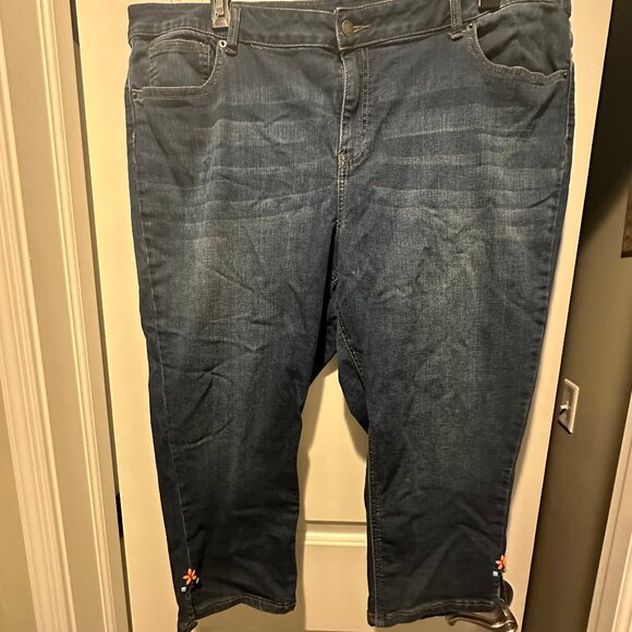 Westport Pants - Denim Capri with Floral Beading at the Legs